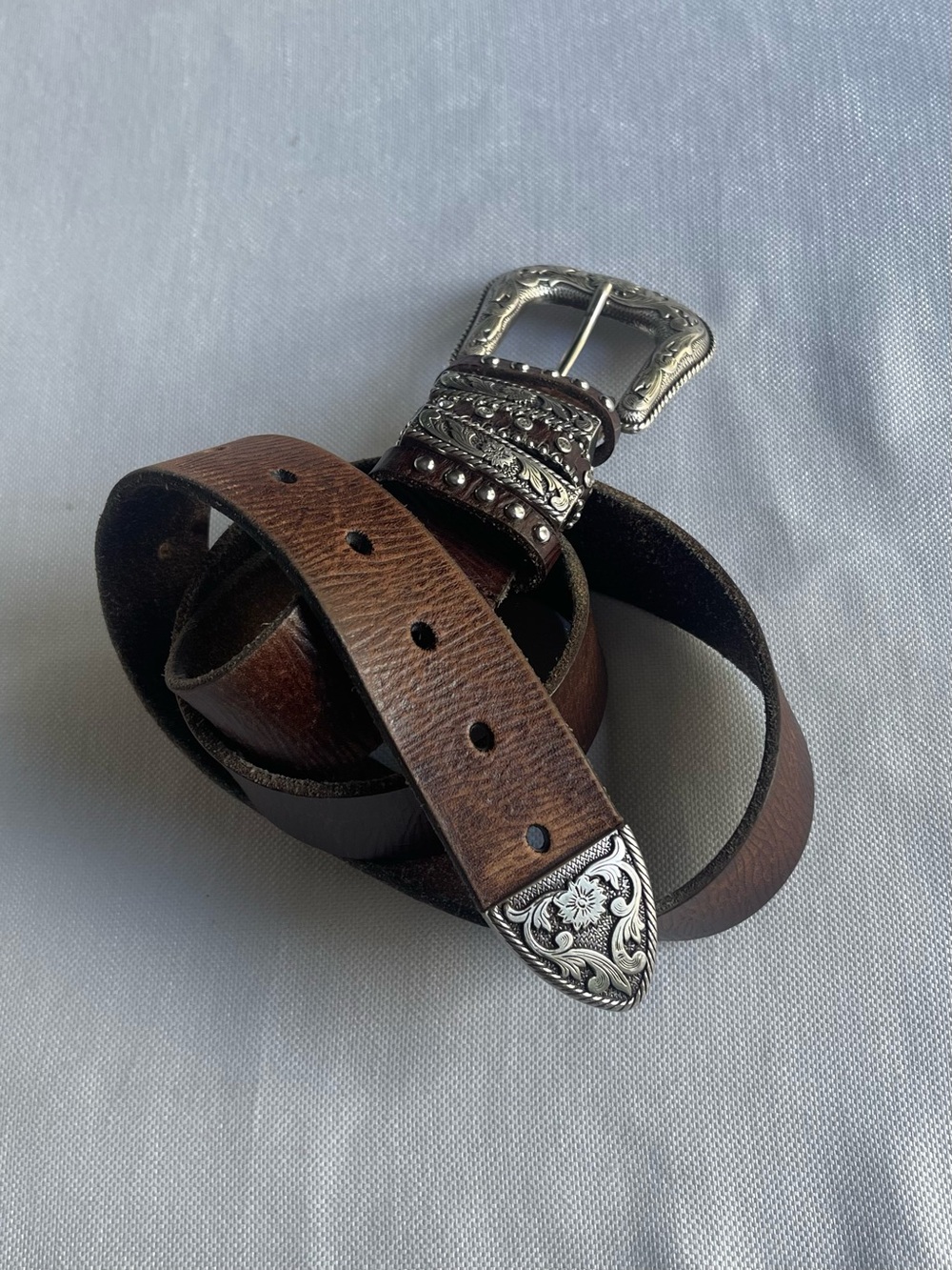 Women’s Brown Leather Belt with Decorative Silver Buckle fits 34-43 inch waist